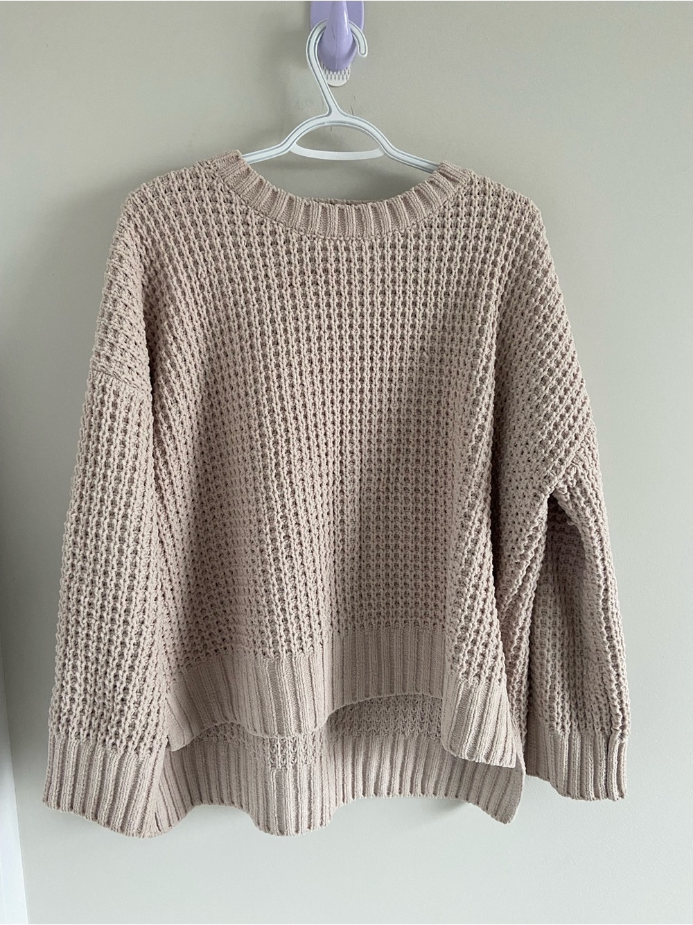Pink Rose Waffle Knit Crewneck Sweater - Light Taupe
